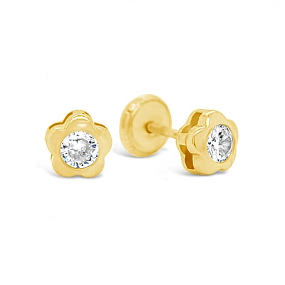 Five Petal Flower Zirconia Center Stud Earrings