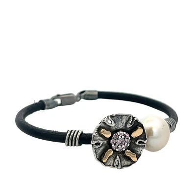Flower Lavender Pearl Leather Bracelet