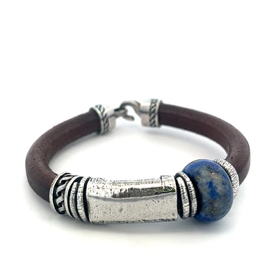 Silver, Lapis and Brown Leather Bracelet
