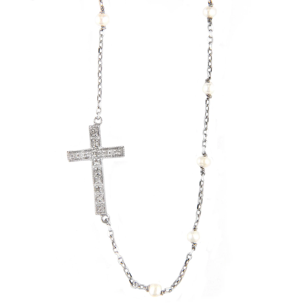 Sideways Cross Pearl Necklace