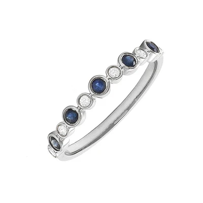 Bezel Set Diamonds and Blue Sapphires Ring 14KW