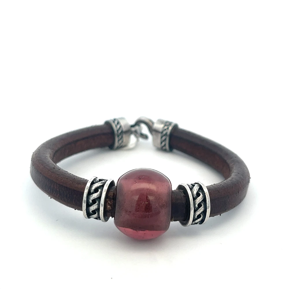 Purple Stone Brown Leather Bracelet