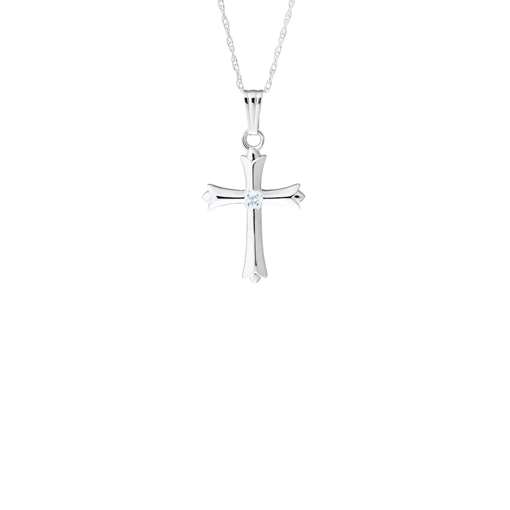 16MM Solid Cross White Gold and Diamond Kids Necklace