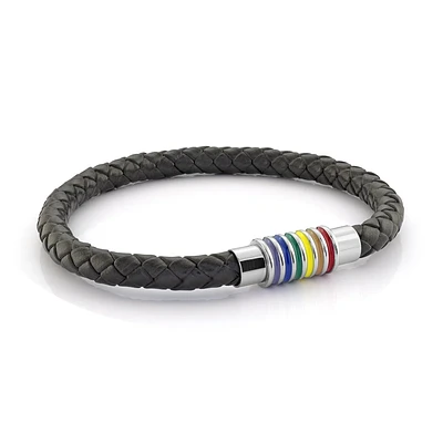 Black Leather Pride Steel Bracelet