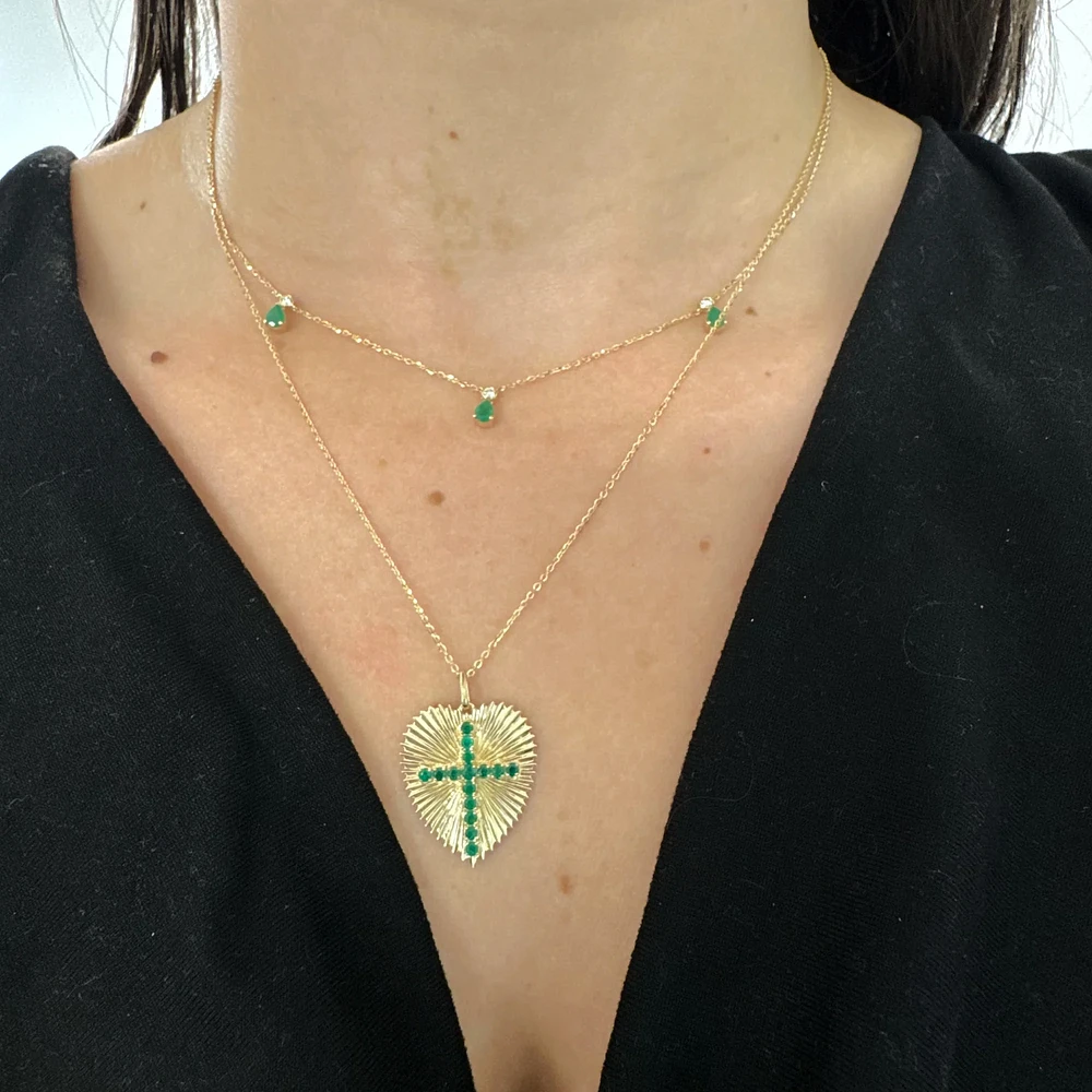 Vibrant Pear Shape Emeralds and Diamond Dangles Necklace