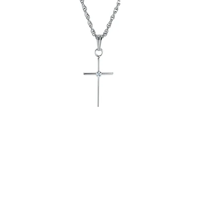 17MM Thin Solid Cross White Gold and Diamond Kids Necklace