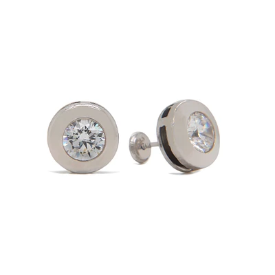 Wide Bezel Set Zirconia 3MM Stud Earrings 14KW