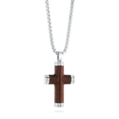 Wood Inlay Steel Cross Necklace