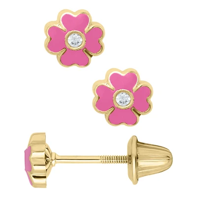 Pink Flower Zirconia Kids Earrings