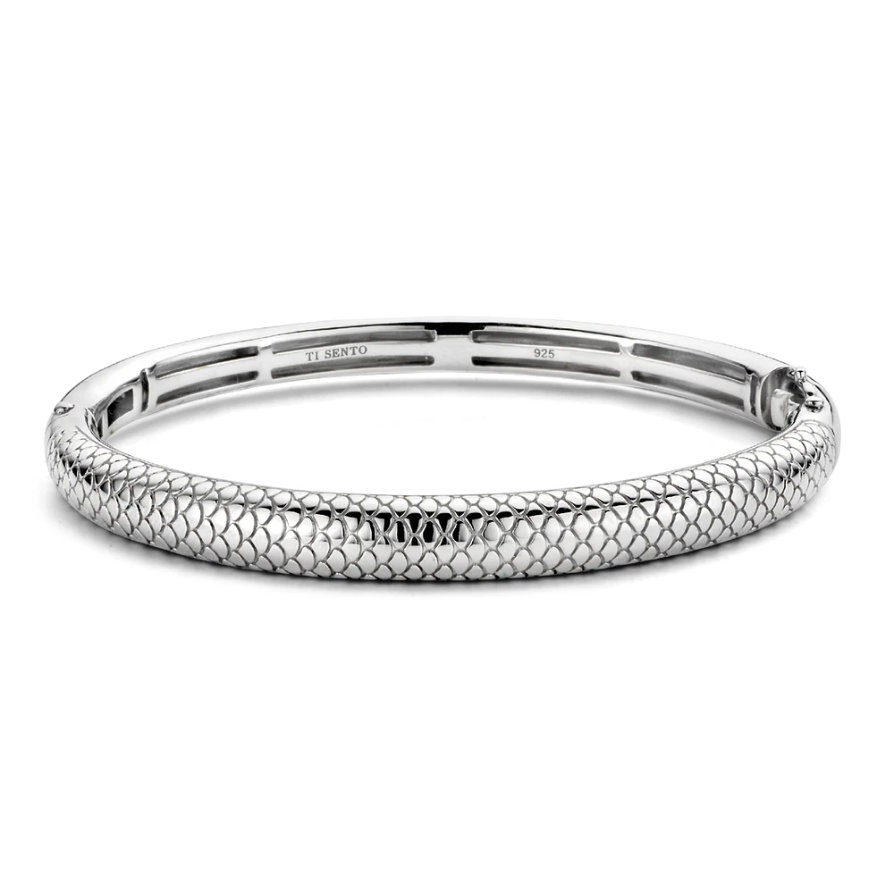 Snake Print Wide Silver Bangle Bracelet