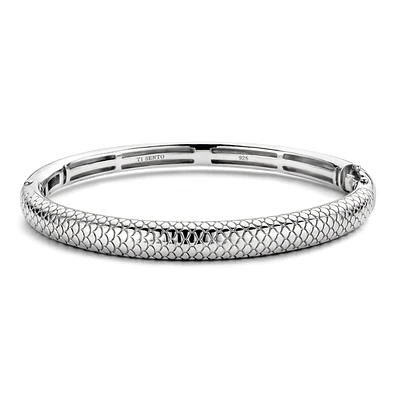 Snake Print Wide Silver Bangle Bracelet