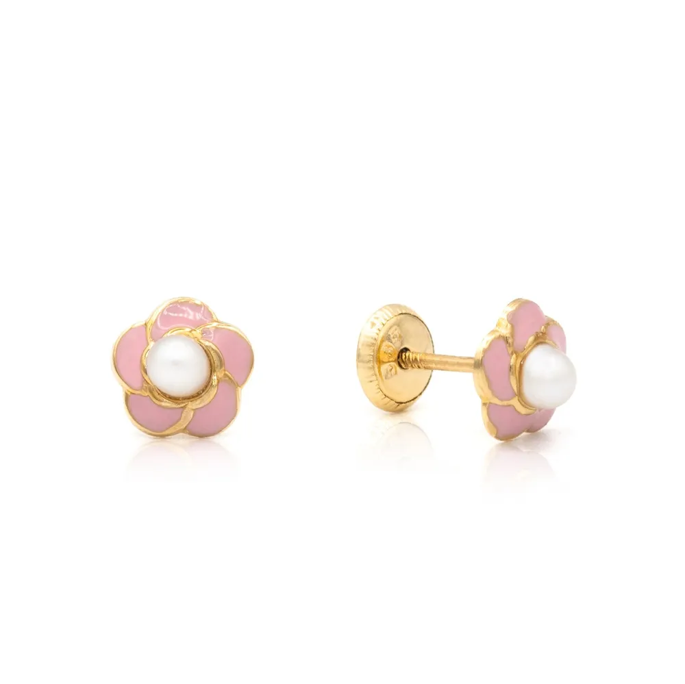 Pink Flower Pearl Stud Earrings