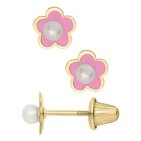 Pink Flower Pearl Kids Stud Earrings