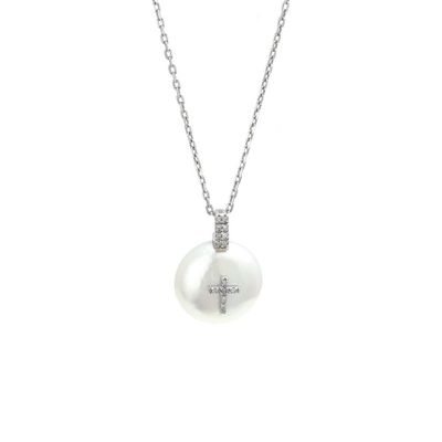 Diamond Cross on Pearl Necklace