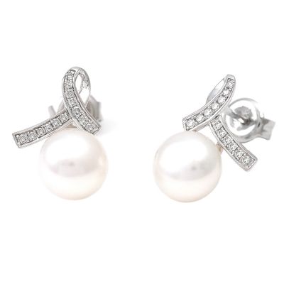 Diamond Ribbon Pearl Earrings