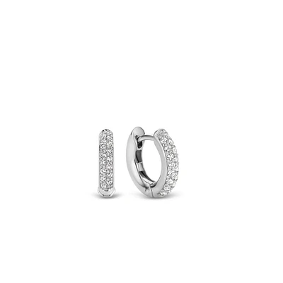 14.4MM Pave Silver Huggie Earrings