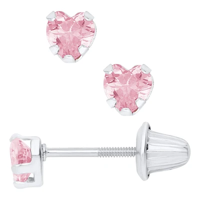 White Gold Pink Heart Kids Earrings