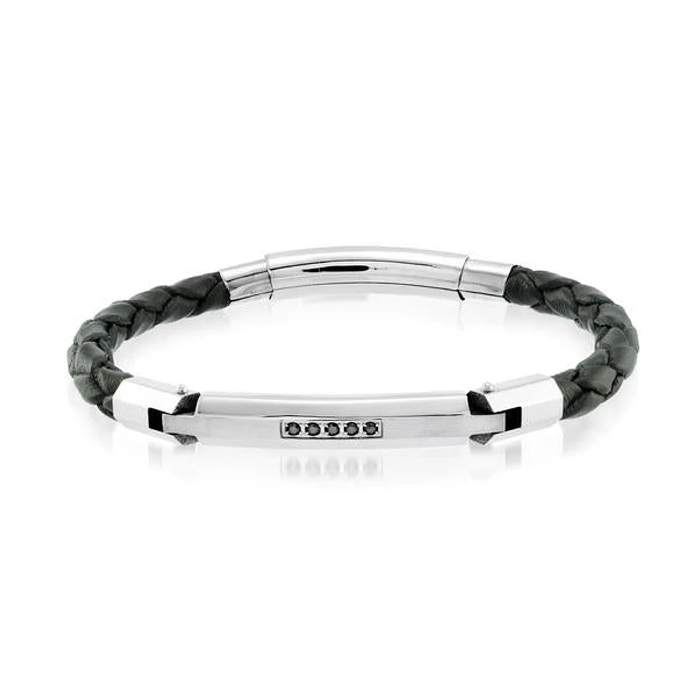 Black Zirconia Black Leather Steel Bracelet