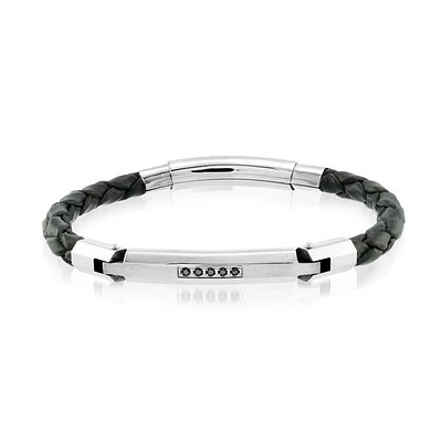 Black Zirconia Black Leather Steel Bracelet