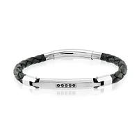 Black Zirconia Black Leather Steel Bracelet