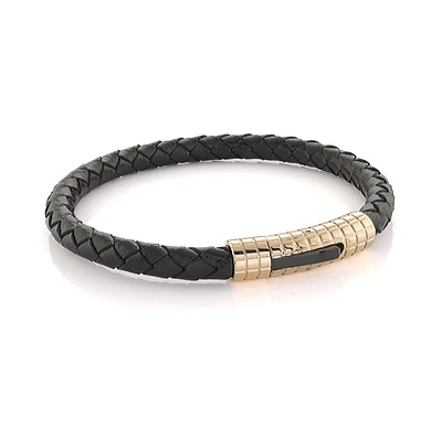Black Leather Yellow Steel Bracelet