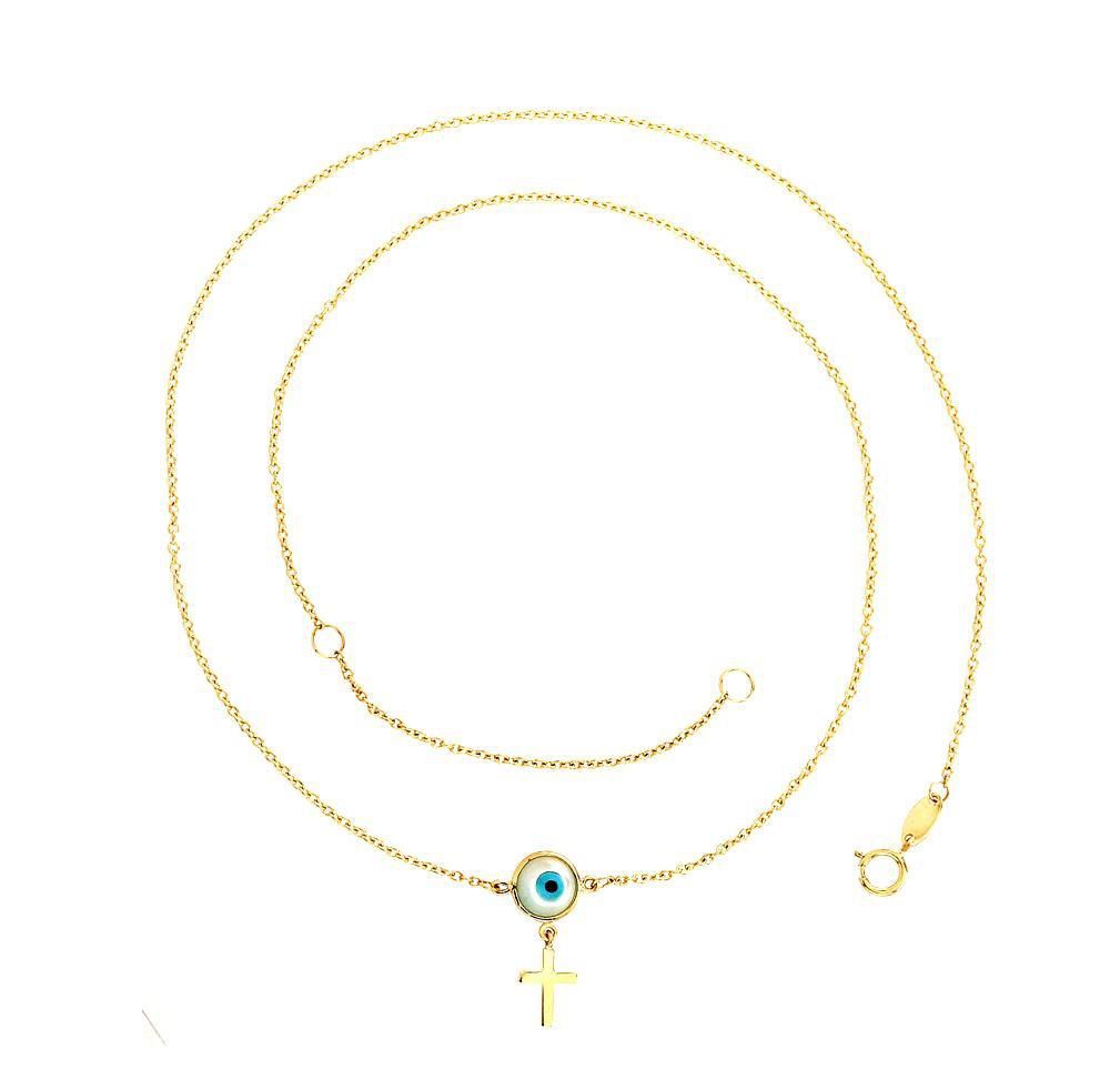 Mother of Pearl Evil Eye and Cross Necklace 14K