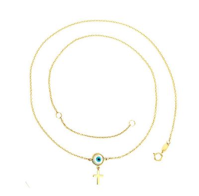 Mother of Pearl Evil Eye and Cross Necklace 14K