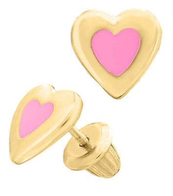 14K Gold Pink Enamel Heart Earrings
