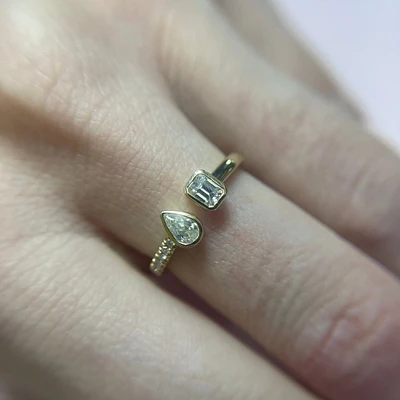 Open Pear/Emerald Ccut Solitaire Moissanite and Diamond Ring