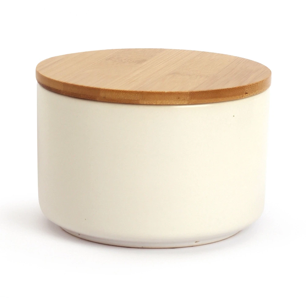 Ceramic Candle Jar w/ Bamboo Lid - 10 x 8 cm