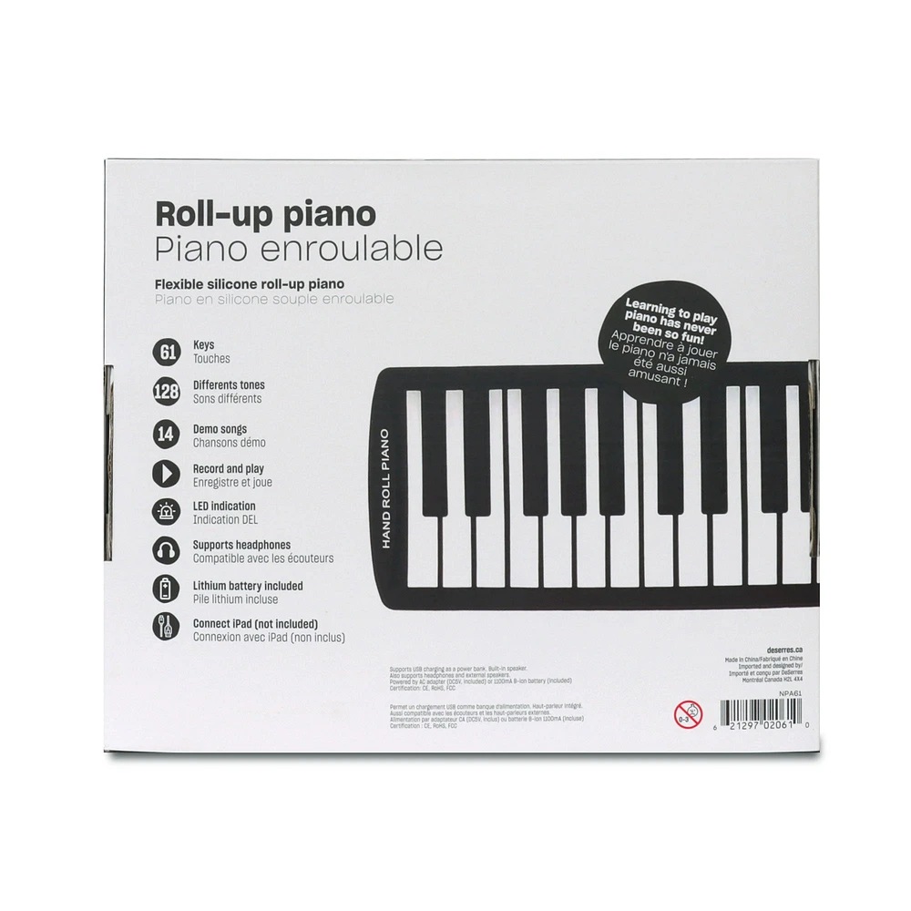 Piano enroulable en silicone souple - 61 touches			