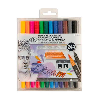 Ensemble marqueurs aquarelle - double pointe, couleurs assorties, 24 pièces