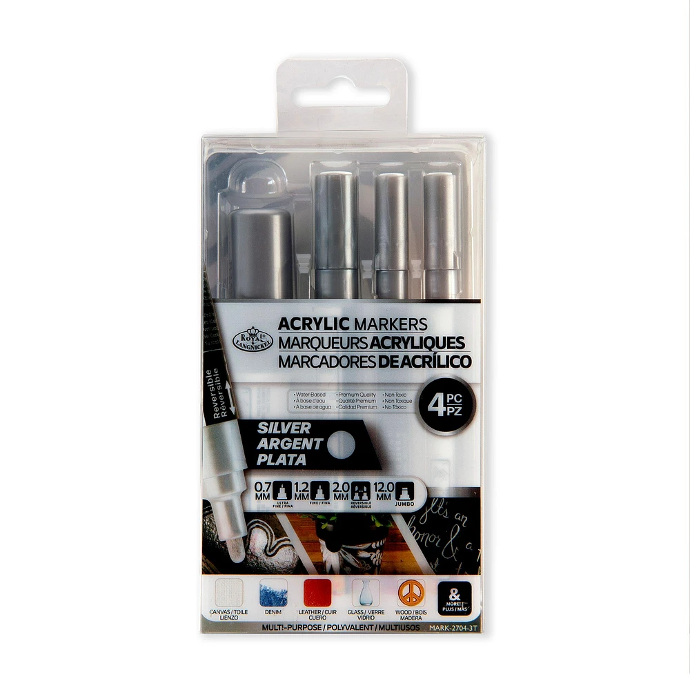 Acrylic Marker Kit - Assorted Tips, Silver, 4 Pieces