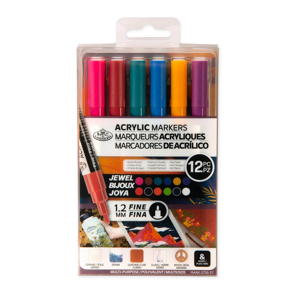 Acrylic Marker Kit - Fine Tip, Jewel Colours, 12 Pieces