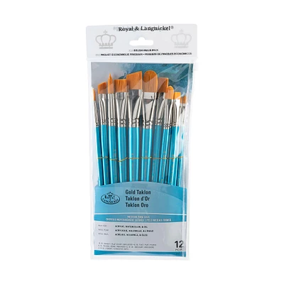 12-Pack Gold Taklon Brushes - Bright/Angular