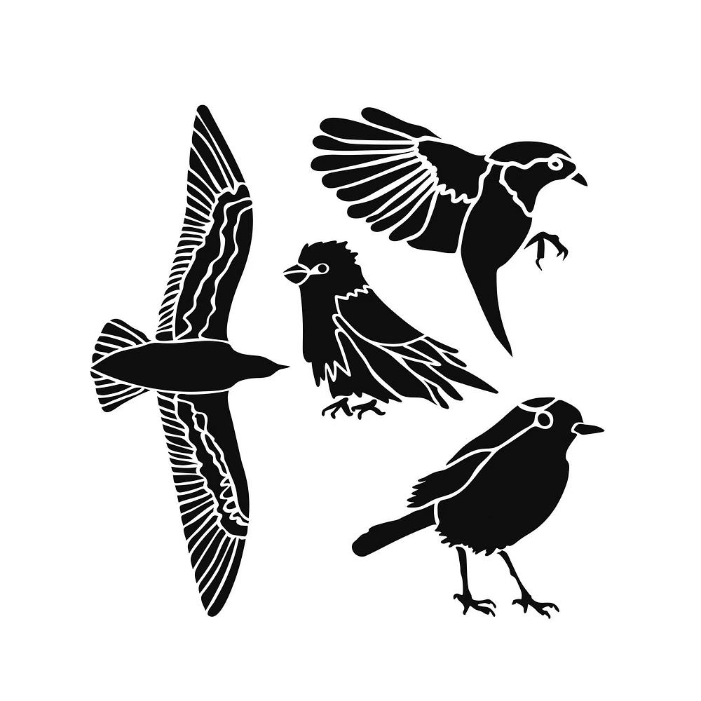 Pochoirs techniques mixtes - rassemblement d'oiseaux, 6 x 6 po