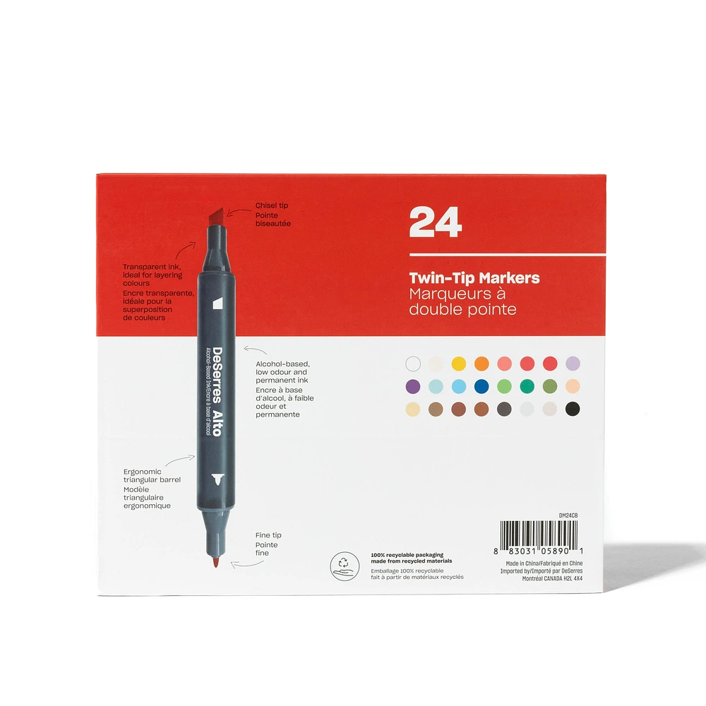 24-Pack Alto Twin-tip Marker Set, Basic Colours - Chisel and Fine Tip