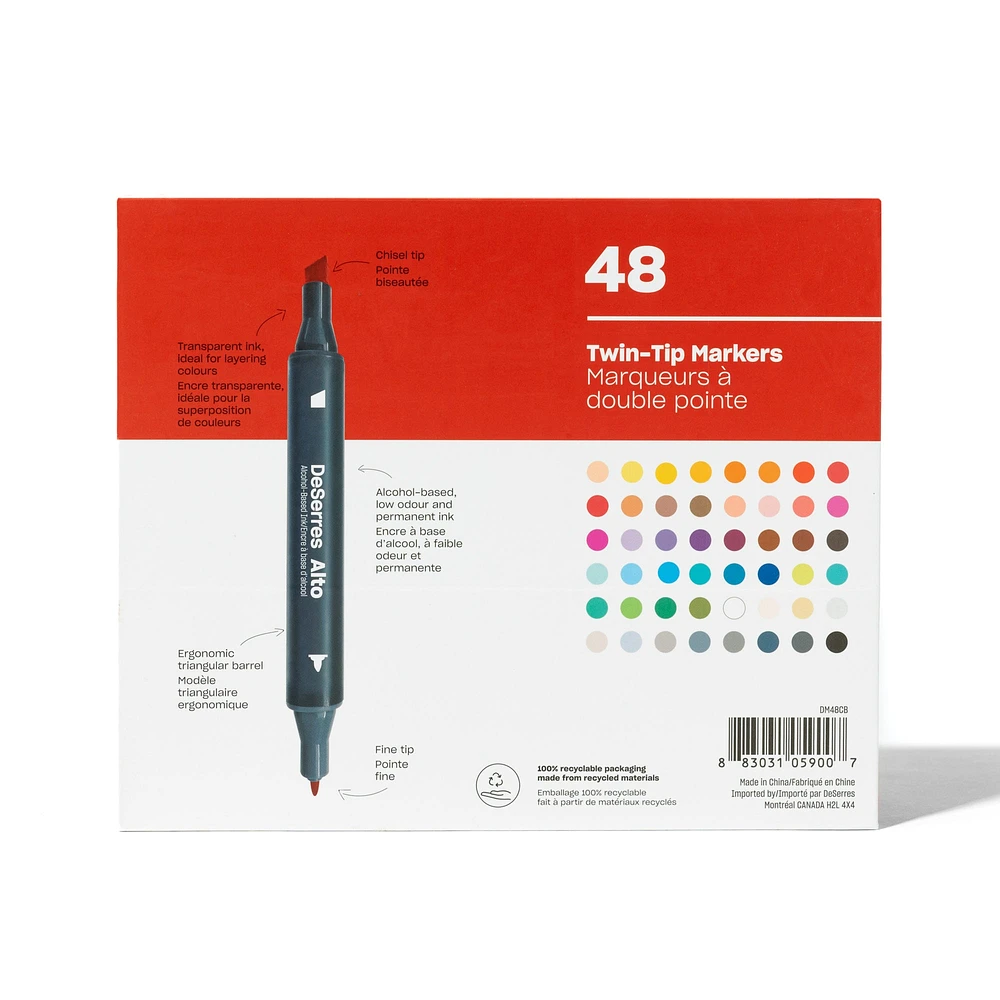 48-Pack Alto Double-Ended Markers Set, Basic Colours - Chisel and Fine Tip