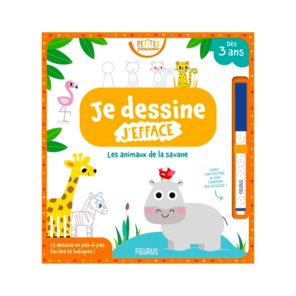 Je dessine, j'efface - Les animaux de la savane - French Ed