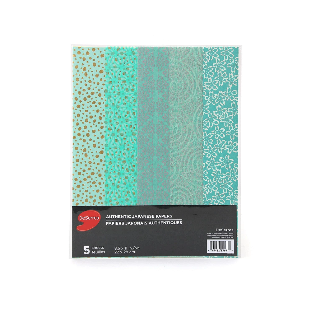 Set of 5 Japanese Papers 8.5 x 11 – Aqua