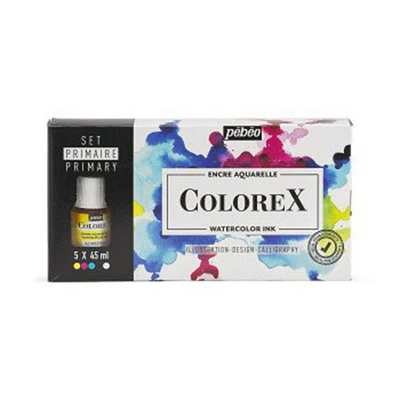 Ens. encres aquarelles Colorex - couleurs primaires, 5 x 45 ml