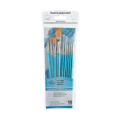 10-Pack Gold Taklon Brushes - Flat/Round