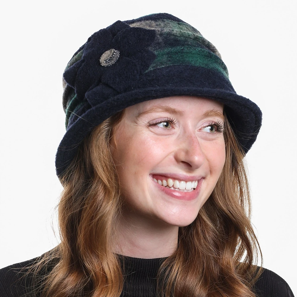 Boiled wool cloche hat with flower
