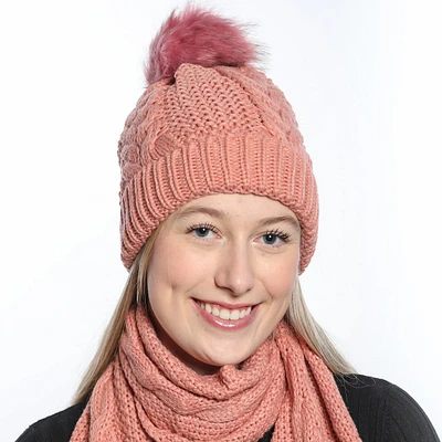 Beanie and scarf set with cables detachable pompom