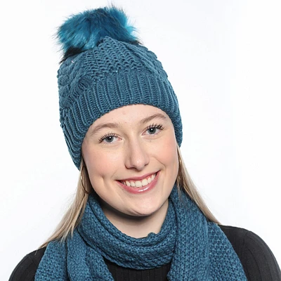 Beanie and scarf set with cables detachable pompom