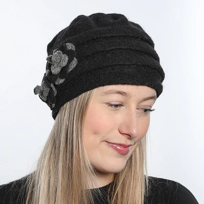 Boiled wool beanie hat with flower