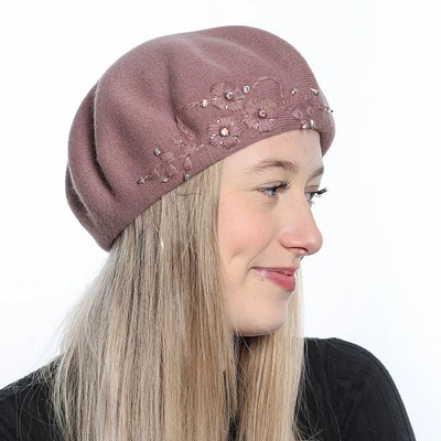Beret with embroidered flowers and stones