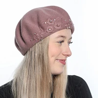 Beret with embroidered flowers and stones
