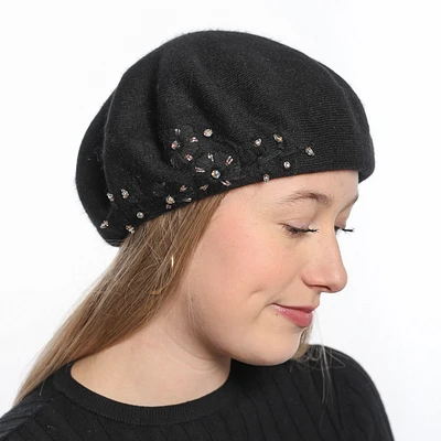 Beret with embroidered flowers and stones