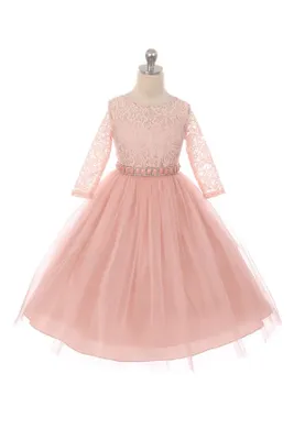 Couture Diamond design dress 3/4 lace sleeve Blush Pink